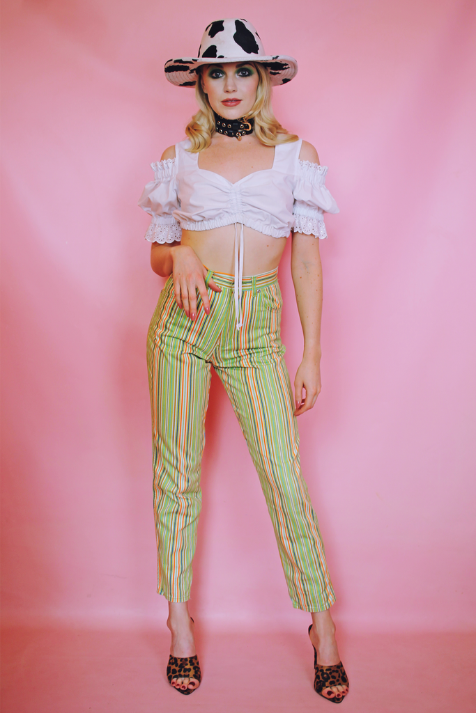 Lime Green Orange Stripe Mom Jeans