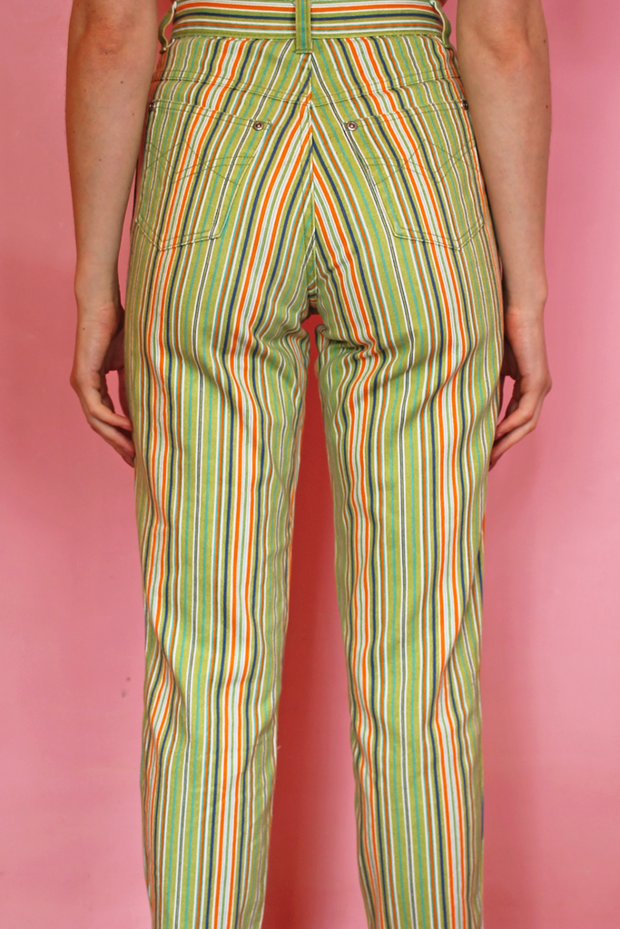 Lime Green Orange Stripe Mom Jeans Sassy World