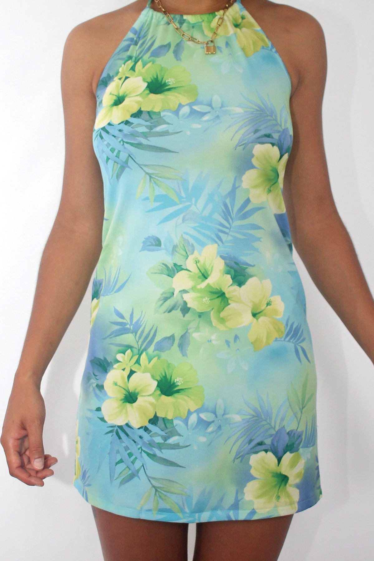 Blue & Green Hawaiian Hibiscus Floral Halter Dress