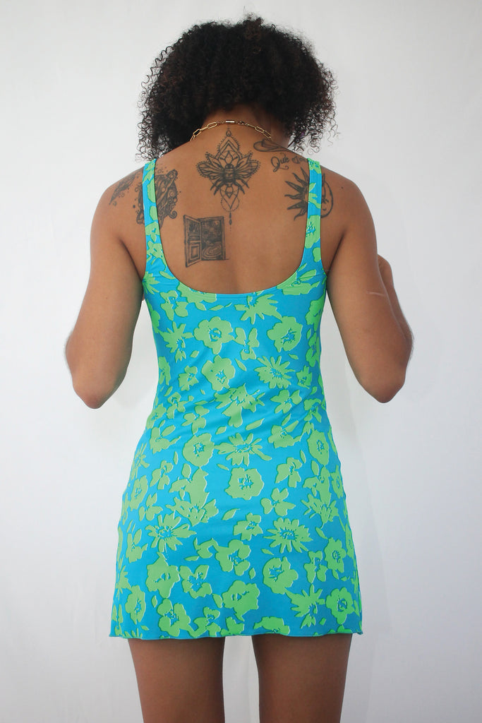 Blue & Green Lycra Hawaiian Floral Dress