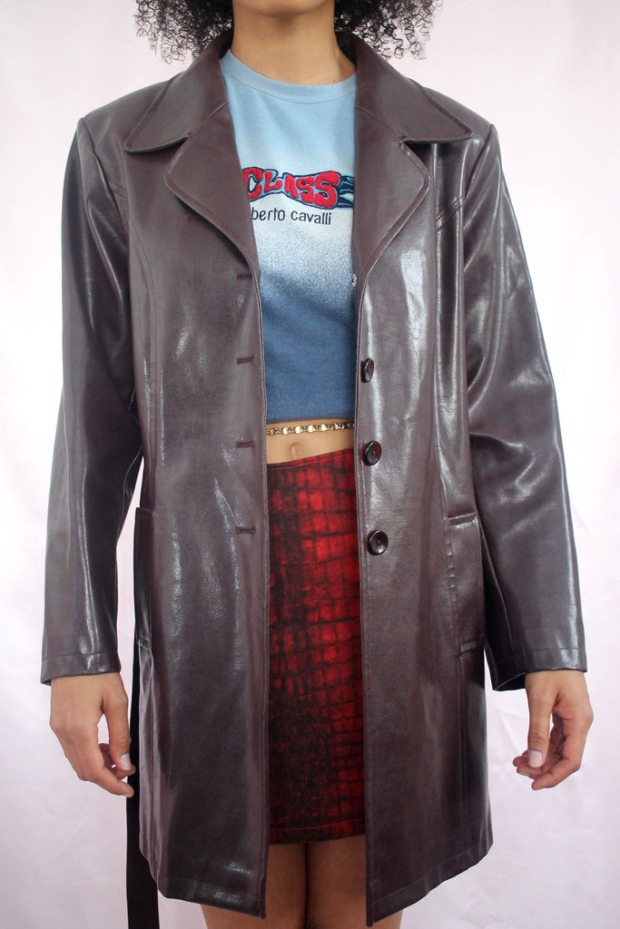 Burgundy Faux Leather PVC Trench Jacket