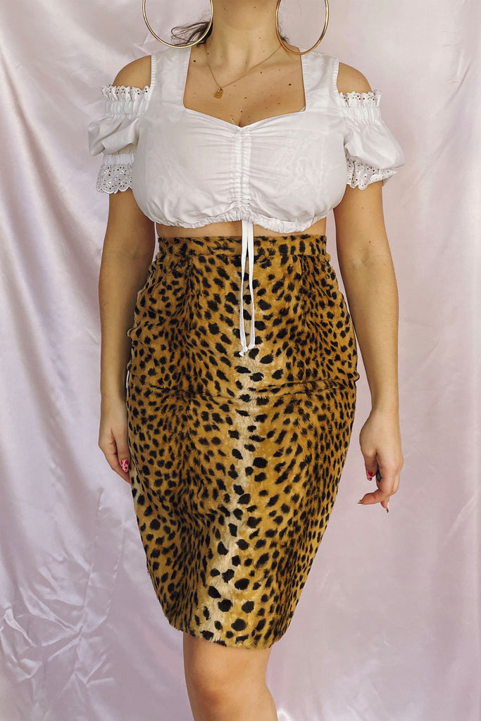 Vintage 90s Leopard Print Faux Fur Pencil Skirt