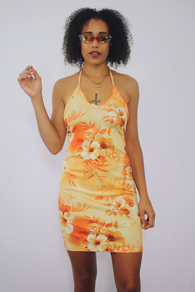 Orange Hawaiian Hibiscus Floral Halter Dress
