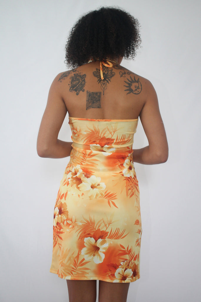 Orange Hawaiian Hibiscus Floral Halter Dress