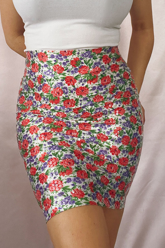 Floral Sequin Look Mini Bodycon Skirt