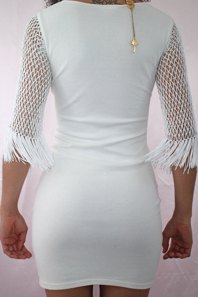 White Bodycon Dress With Fringed Crochet Sleeves